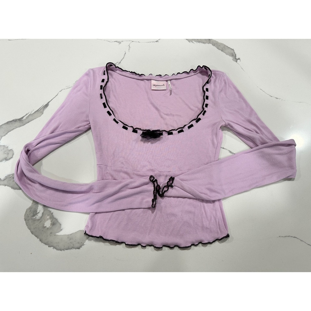 Out From Under Lavender Ribbed Long Sleeve Scoop Neck‎ Bow Top Purple Small